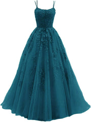 Lace Appliques prom -jurken voor dames Lange spaghetti -riem Baljurken TULLE Formele jurk voor feest