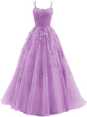 Lace Appliques prom -jurken voor dames Lange spaghetti -riem Baljurken TULLE Formele jurk voor feest