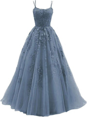 Lace Appliques prom -jurken voor dames Lange spaghetti -riem Baljurken TULLE Formele jurk voor feest