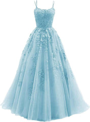 Lace Appliques prom -jurken voor dames Lange spaghetti -riem Baljurken TULLE Formele jurk voor feest