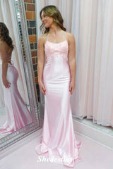 Lace Applique Light Pink Mermaid Prom Dress with Straps