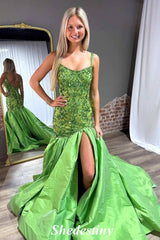 Sequin Applique Green Mermaid Satin Slit Porm Dress with Straps