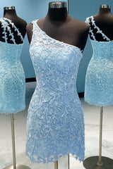 Light Blue Floral Lace One-Shoulder Bodycon Homecoming Dress