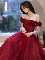 Burgundy tulle off shoulder long prom dress, burgundy evening dress