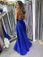 Simple blue satin long prom dress, blue satin bridesmaid dress