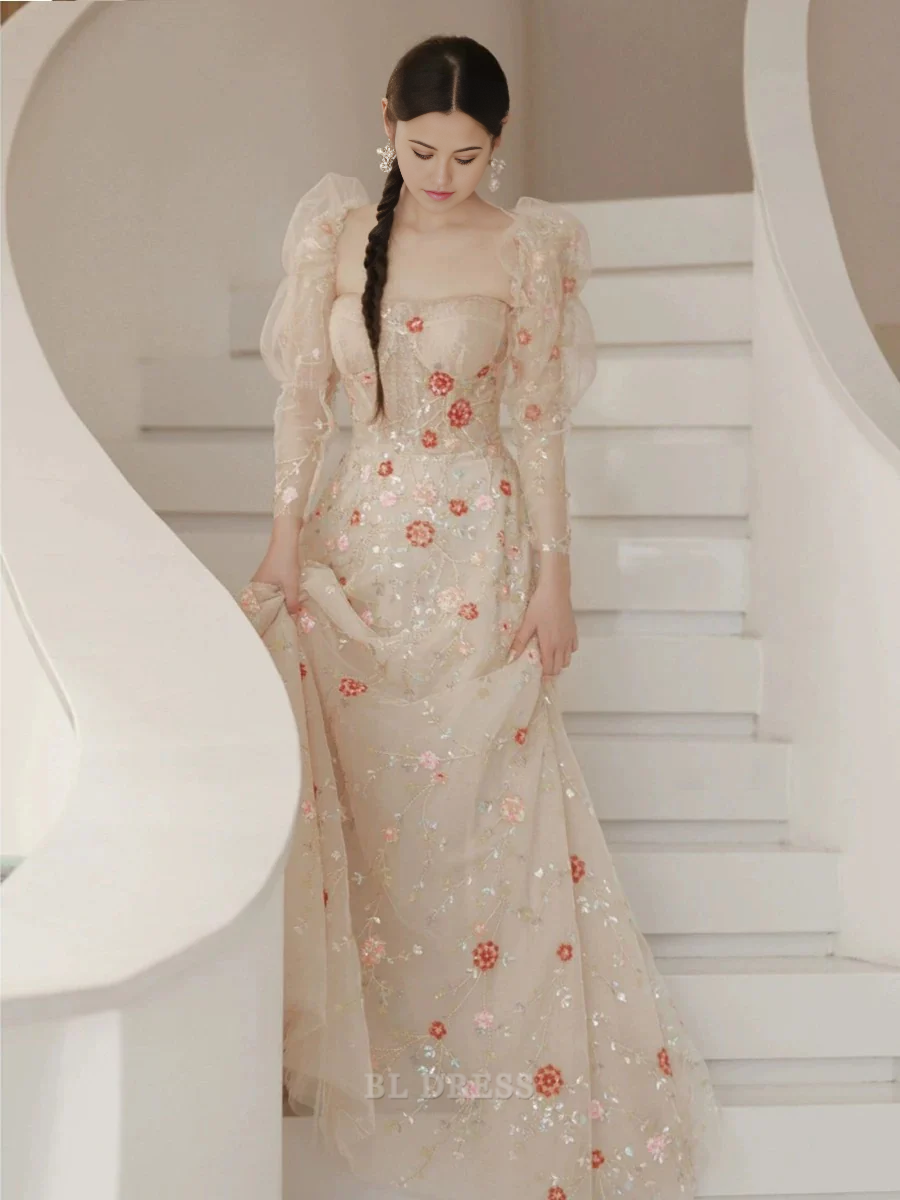 A Line Elegant Strapless Neckline Floral Lace Long formal dresses Bridesmaid Dresses evening gown Prom Dress