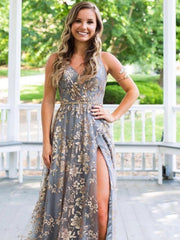 Unique v neck tulle sequin long prom dress, tulle formal dress