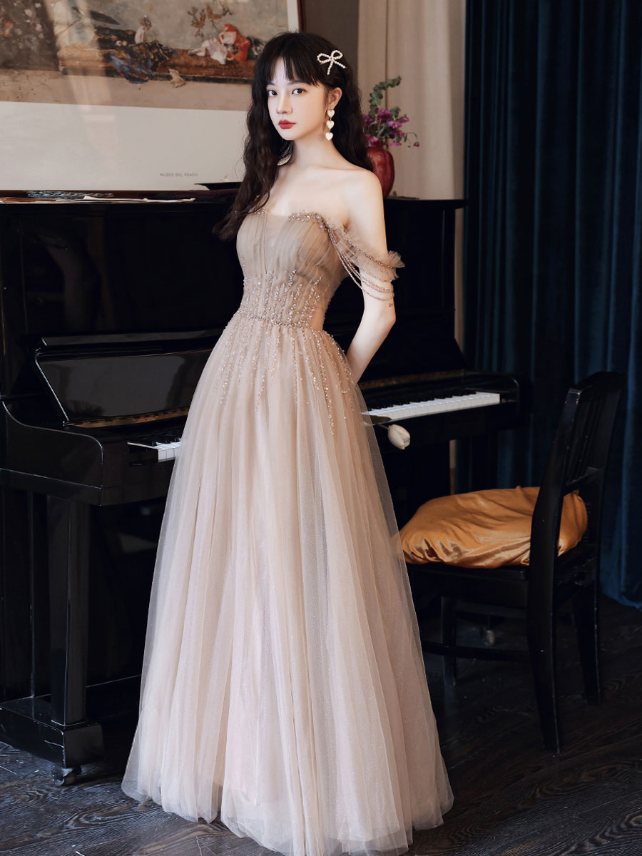 Champagne tulle beads long prom dress, champagne evening dress