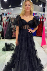 Light Blue Sheer Corset Ruffles A-Line Prom Dress with Puff Sleeves