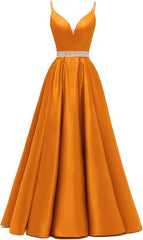 Spaghetti Stracles Robe de bal Long Satin perle en V V Vandes de balle de fête de soirée avec poches