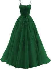 Lace Appliques prom -jurken voor dames Lange spaghetti -riem Baljurken TULLE Formele jurk voor feest
