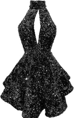 Halter -pailletten Homecoming -jurken Korte Sparkly Glitter Cutout Mini Backless Tight BodyCon Prom Cocktailjurken voor vrouwen
