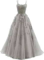 Lace Appliques prom -jurken voor dames Lange spaghetti -riem Baljurken TULLE Formele jurk voor feest