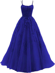 Lace Appliques prom -jurken voor dames Lange spaghetti -riem Baljurken TULLE Formele jurk voor feest