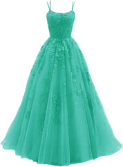 Lace Appliques prom -jurken voor dames Lange spaghetti -riem Baljurken TULLE Formele jurk voor feest