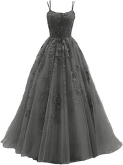 Lace Appliques prom -jurken voor dames Lange spaghetti -riem Baljurken TULLE Formele jurk voor feest