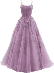 Lace Appliques prom -jurken voor dames Lange spaghetti -riem Baljurken TULLE Formele jurk voor feest