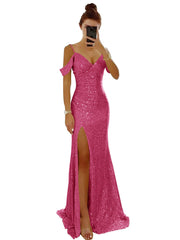 Wholesale Women's Off Shoulder Long Prom Dress 2025 Sparkly Sequin V Neck Evening Dress Mermaid Slit Formal Party Gown