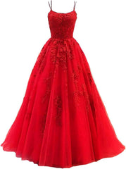 Lace Appliques prom -jurken voor dames Lange spaghetti -riem Baljurken TULLE Formele jurk voor feest