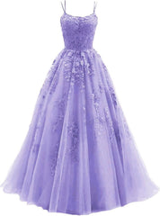 Lace Appliques prom -jurken voor dames Lange spaghetti -riem Baljurken TULLE Formele jurk voor feest