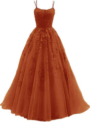 Lace Appliques prom -jurken voor dames Lange spaghetti -riem Baljurken TULLE Formele jurk voor feest