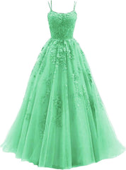 Lace Appliques prom -jurken voor dames Lange spaghetti -riem Baljurken TULLE Formele jurk voor feest