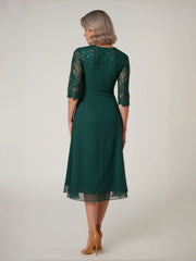 Lace Scoop Neck 3/4 Sleeves Chiffon Tea-Length Dress Dark Green