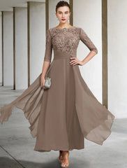 A-Line Mother of the Bride Dress Wedding Guest Elegant Plus Size Jewel Neck Ankle Length Chiffon Lace Half Sleeve