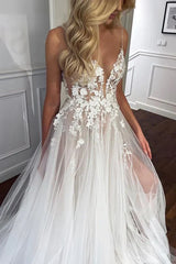 V Neck Lace A Line Tulle Appliques Wedding Dress With