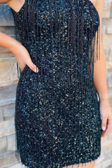 Black Sequin Fringe One-Shoulder Short Homecoming Dress
