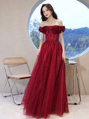 Burgundy tulle off shoulder long prom dress, burgundy evening dress