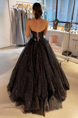 Princess Black Cut Glass Mirror Sweetheart A-Line Long Prom Gown