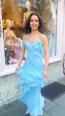 Sheath Elegant Spaghetti Straps Backless Blue Ruffle Chiffon formal dresses Bridesmaid Dresses evening gown Prom Dress