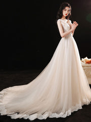 Champagne v neck lace tulle long prom dress, champagne evening dress
