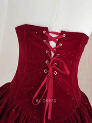 A Line Cute Strapless Burgundy Velvet Ruffles formal dresses Bridesmaid Dresses evening gown Prom Dress