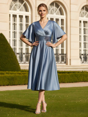 A-Line Pleated V Neck Tea-Length Beaded Dress Dusty Blue