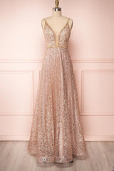 Sparkly Illusion V Neck Rose Gold Long Prom Dress