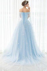 Off Shoulder Appliques Lace-Up Sky Blue Long Prom Dress