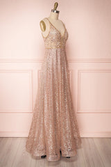 Sparkly Illusion V Neck Rose Gold Long Prom Dress