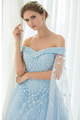 Off Shoulder Appliques Lace-Up Sky Blue Long Prom Dress