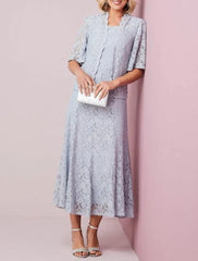 Sheath / Column Mother of the Bride Dress Elegant Scalloped Neckline Ankle Length Chiffon Lace Half Sleeve with Lace Pleats Applique