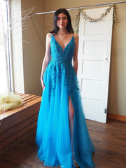A-Line V Neck Lace Blue Long Prom Dress, Blue Long Evening Dress