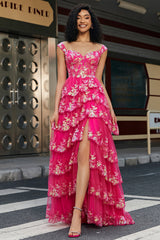 A-Line Off The Shoulder Sparkly Sequin Tiered Prom Dress Floor Length With Slit Sexy