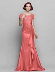 Mermaid / Trumpet Mother of the Bride Dress See Through Scoop Neck Sweep / Brush Train Taffeta Beaded Lace Short Sleeve with Flower