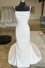 White Straight Neck Mermaid Long Wedding Dress Pure Color