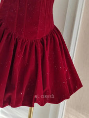 A Line Cute Strapless Burgundy Velvet Ruffles formal dresses Bridesmaid Dresses evening gown Prom Dress
