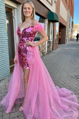 Pink Cut Glass Mirror Cold-Shoulder Short Party Dress with Attached Train