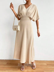 A Line V Neck Half Sleeve Ruched formal dresses Bridesmaid Dresses evening gown Prom Dress