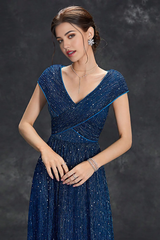 A-Line V-Neck Sparkly Long Formal Dress