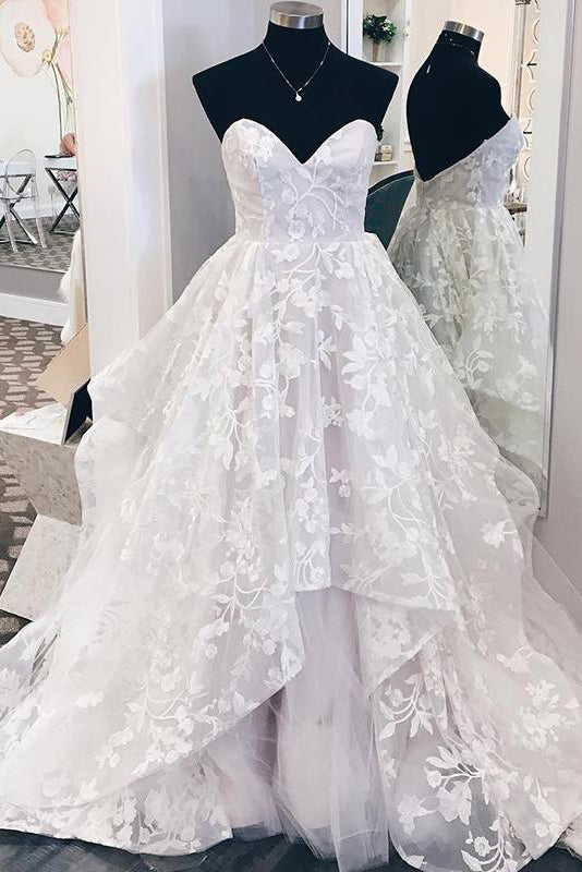 Long Ruffles A-line Sweetheart White Wedding Dress with Appliques